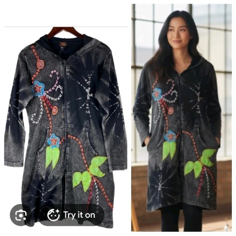Rising International Hoodie Duster Jacket Patchwork Embroidered Boho Hippie XL